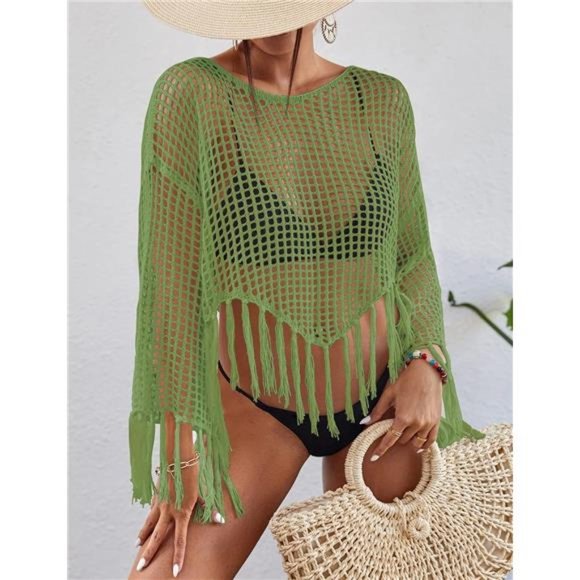 Crochet Cover Up for Women Hollow Out Swimsuit Coverup Long Sleeve Beach Top - Picture 4 of 6